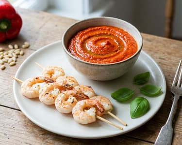 Rotes Paprikapesto mit gegrillten Garnelen