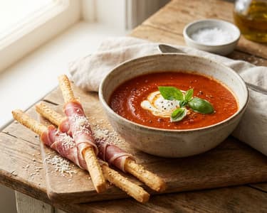 Geröstete Tomatensuppe mit Prosciutto-Grissini