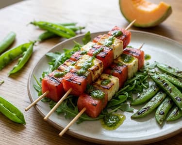 Grilled Melon with Halloumi and Snap Peas