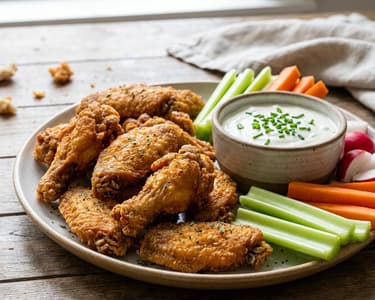 Frittierte Hähnchenflügel mit Crudités und Sauerrahm