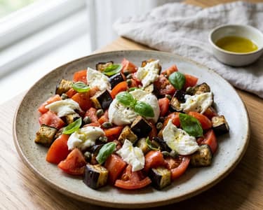 Tomatensalat mit gerösteter Aubergine und Mozzarella