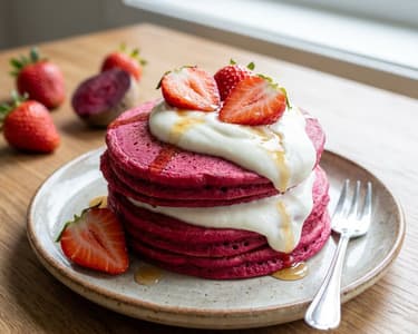 Beetroot Pancakes with Vanilla Quark and Strawberries