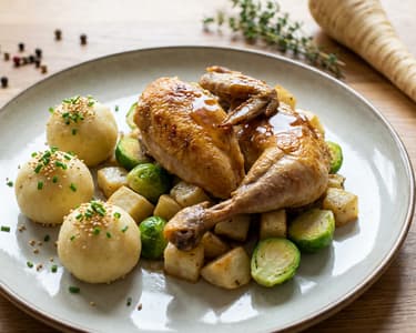 Ganzes Perlhuhn mit gerösteten Petersilienwurzeln und kleinen Grießknödel