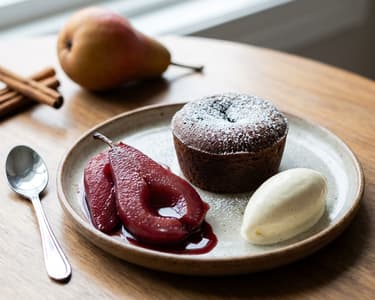 Lauwarmer Schokoladenkuchen mit Rotweinbirne und Vanilleeis