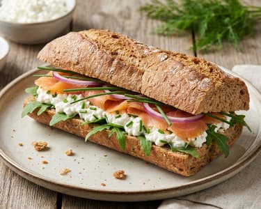 Vollkorn-Sandwich mit Räucherlachs und Hüttenkäse