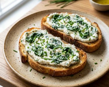 Toast mit aufgeschlagener Ricotta und Spinat