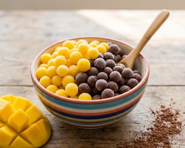 Colorful Yogurt Ice Balls with Mango & Chocolate