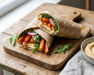 Wholemeal Wraps with Roasted Carrots, Hummus and Rocket