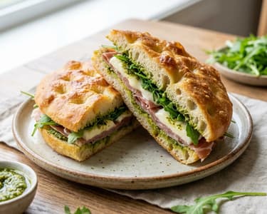 Focaccia-Sandwich mit Prosciutto und Pesto