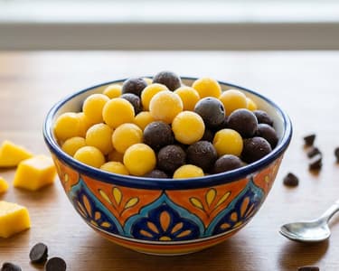 Selbstgemachtes Perleneis mit Mango und Schokolade
