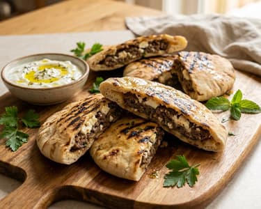 Arayes mit Rinderhackfleisch und Feta