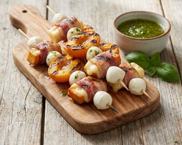 Gegrillte Aprikosenspieße mit Pancetta und geräuchertem Käse