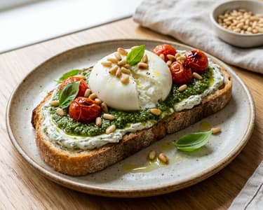 Frisches Brot mit Pesto, Burrata und Pinienkernen