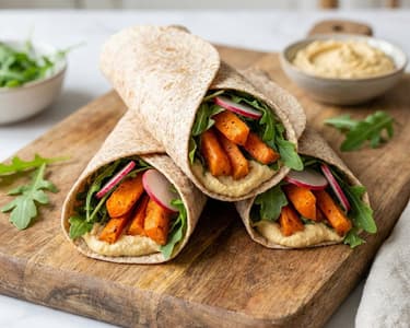 Vollkorn-Wraps mit gerösteten Karotten und Hummus