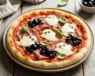 Gruselige Halloween-Pizza mit Mozzarella-Gespenstern