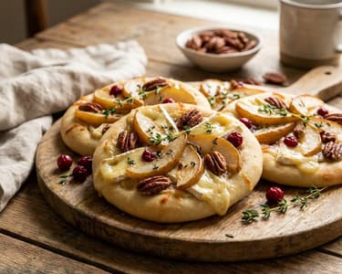Mini-Pizzen mit Brie, karamellisierter Birne und Pekannüssen