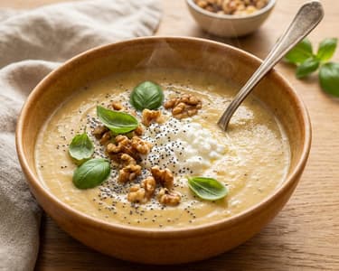 Geröstete Gemüsesuppe mit Hüttenkäse