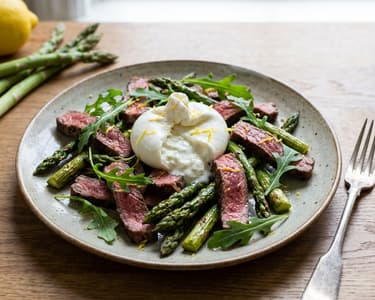 Roasted Green Asparagus with Beef Steak Strips and Burrata