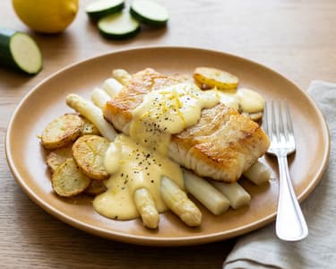 Kabeljaufilet mit weißem Spargel und Sauce Hollandaise