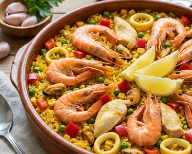 Paella mit Meeresfrüchten und Hähnchen