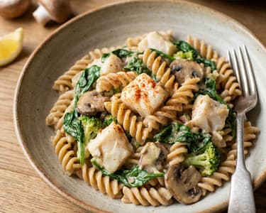 One-Pot-Pasta mit Kabeljau und Spinat