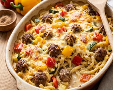 One-Blech-Spätzle mit Fleischbällchen