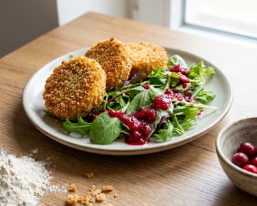 Salat mit knusprig panierter Jil & Preiselbeer-Dressing