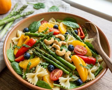 Fruchtiger Salat mit Pasta und grünem Spargel