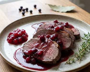 Hirschbraten mit Rotwein-Preiselbeer-Soße