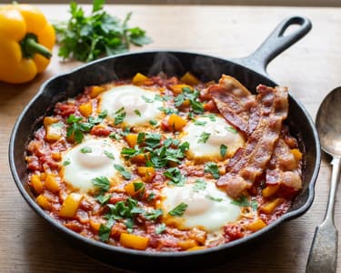 Tomaten-Paprika Pfanne mit Ei und Bacon
