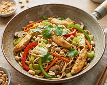 Gebratene Nudeln mit Hähnchen und Gemüse