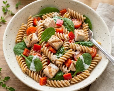 Nudelsalat mit Hähnchen und Spinat