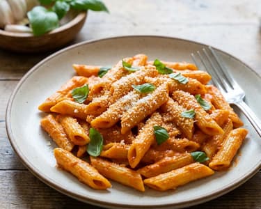Cremige Tomaten-Penne mit Basilikum & Parmesan