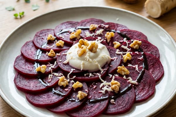 Rote Beete Carpaccio mit Walnusskernen und frischem Meerettich
