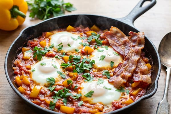 Tomato-Bell Pepper Pan with Egg and Bacon