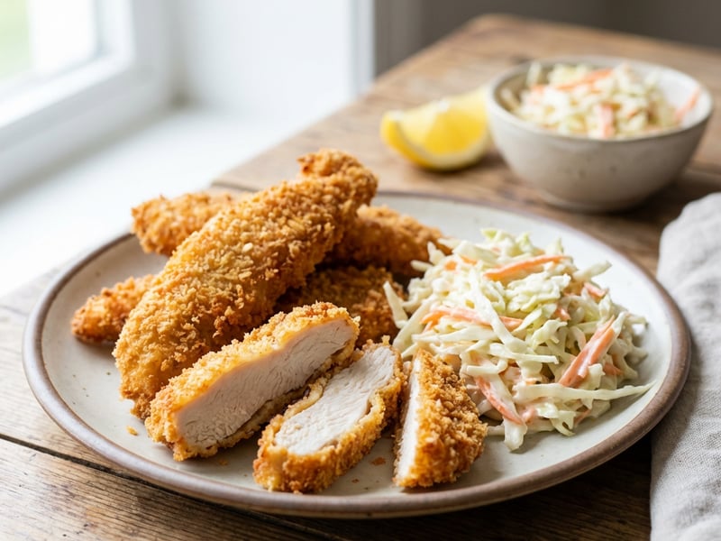 Knusprige Hähnchen-Strips mit Coleslaw