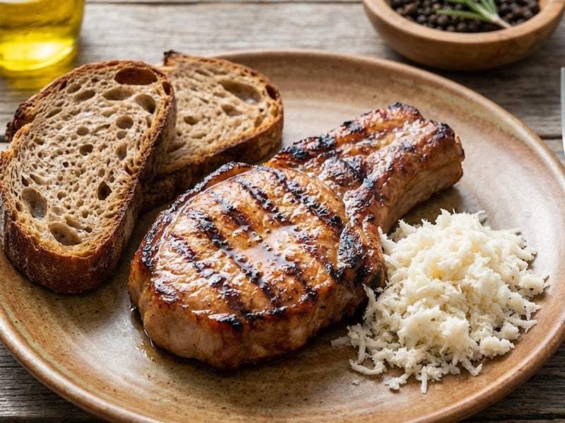 Gegrilltes Schweinekotelett mit Meerrettich und Bauernbrot