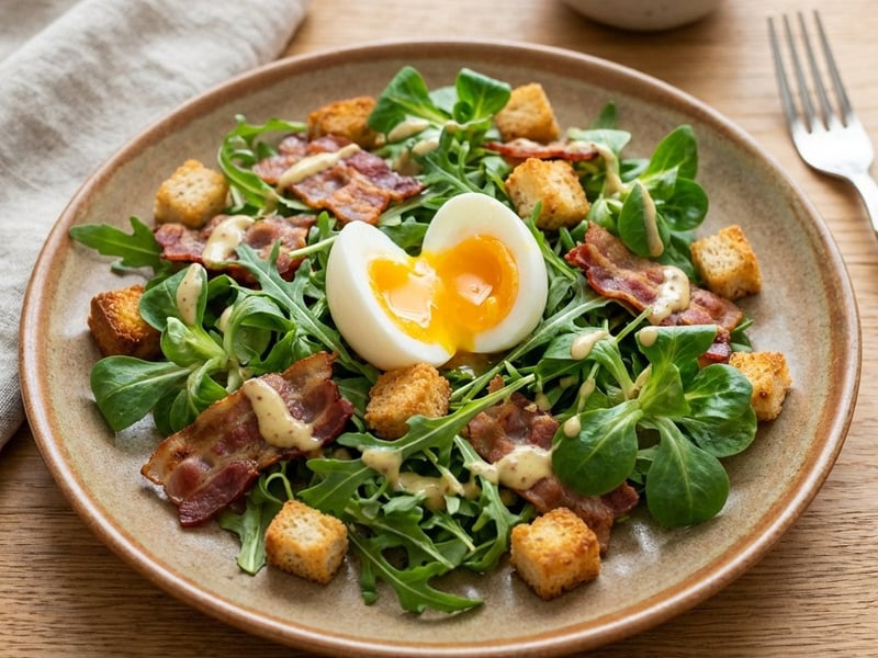 Salat mit pochiertem Ei und knusprigem Speck