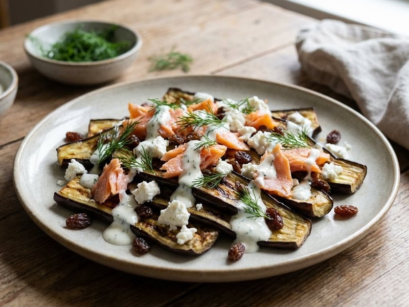 Aubergine mit Räucherlachs und Ziegenkäse