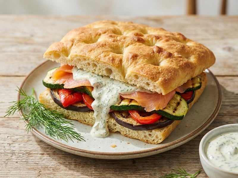 Focaccia mit gegrilltem Gemüse und Räucherlachs