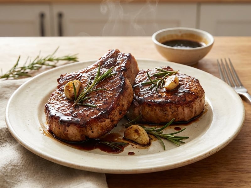 Süß-saure Schweinekoteletts mit Honig-Balsamico-Glasur