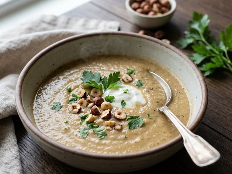 Geröstete Auberginensuppe mit Haselnüssen