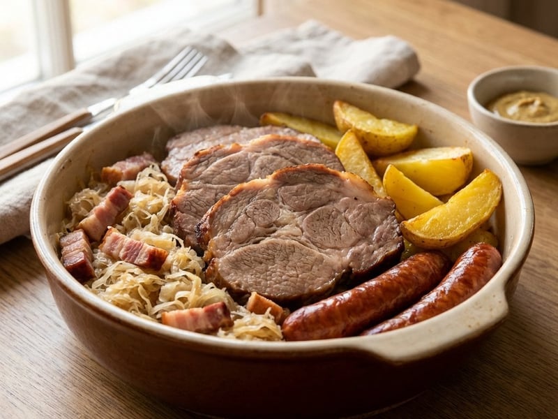 Schweinenacken mit Sauerkraut und Kartoffeln