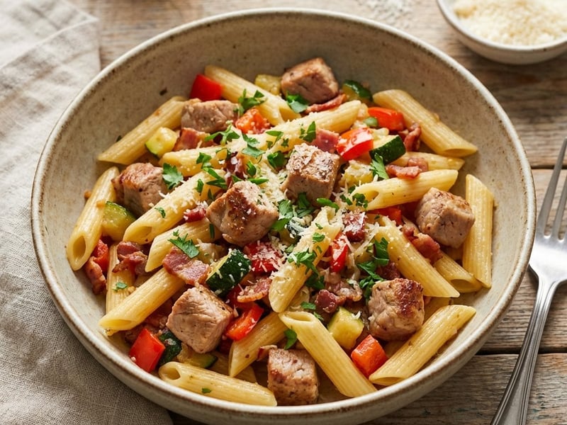 Penne mit Schweinefilet und Gemüse