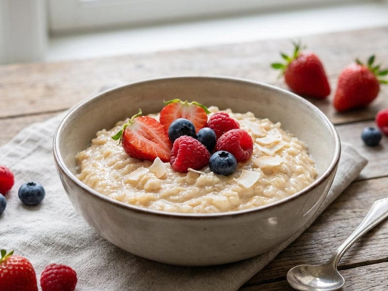 In Kokosmilch gekochter Reis mit frischen Früchten