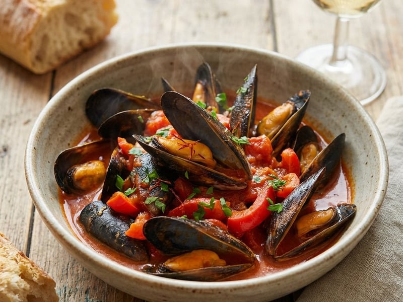 Miesmuscheln nach Seemannsart mit Paprika und Tomaten