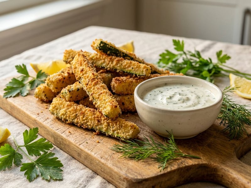 Knusprige Zucchini-Pommes mit Kräuter-Dip
