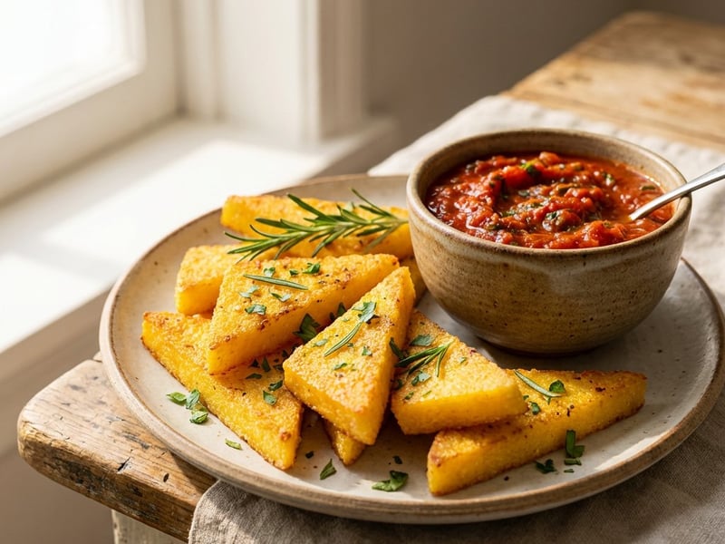 Knusprige Polenta-Ecken mit Tomatendip