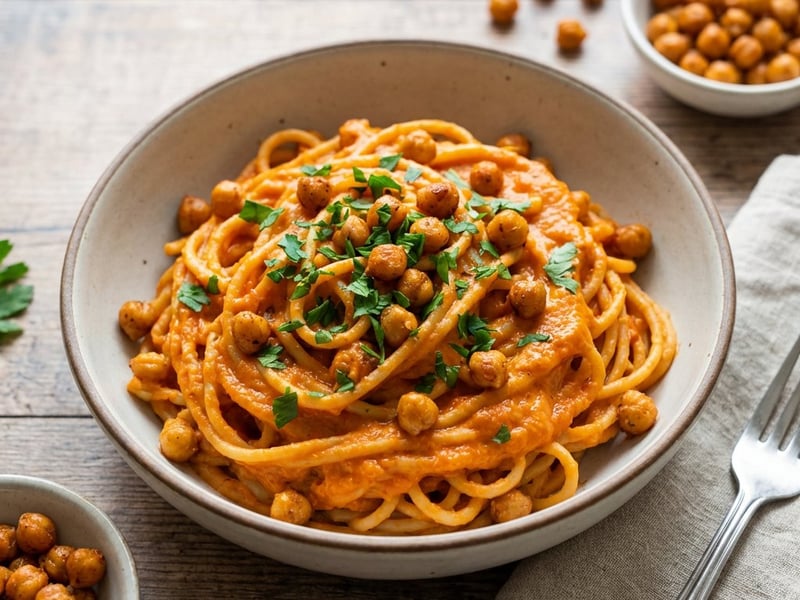 Vegane Kichererbsen-Pasta mit Paprikasauce
