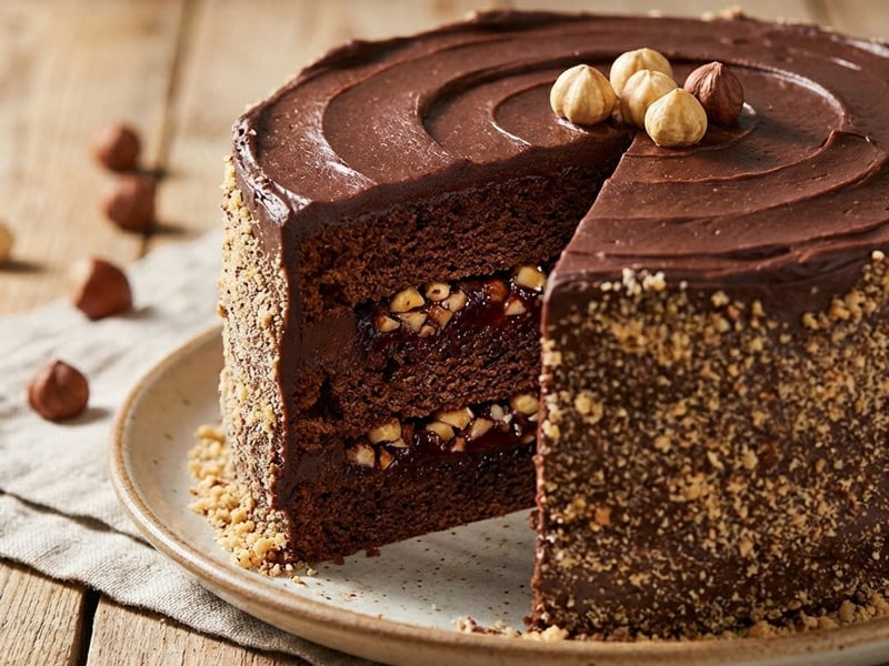 Schoko-Honig-Torte mit Pflaumenmus und Haselnüssen